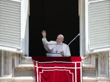 Pope Francis gives his Sunday Angelus address overlooking St. Peter's Square June 27, 2021.